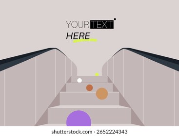 Los puntos de colores brillantes se colocan estratégicamente a lo largo de una elegante escalera mecánica, que conduce hacia arriba en un diseño caprichoso pero elegante que invita a la exploración y la inspiración, perfecto para cualquier proyecto creativo.