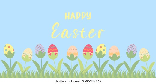 Brightly colored Easter eggs are arranged among green grass and flowers, celebrating the joyful holiday in sunny, cheerful setting. Festive mood is captured in vibrant colors. Text Happy Easter