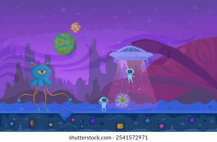 Brightly colored extraterrestrial landscape with UFO rays, friendly aliens, and whimsical alien creatures. The scene features a vibrant purple sky, distant planets, and a magical, otherworldly vibe