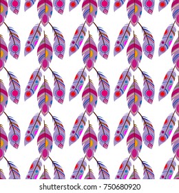 Brightly colored feathers. Seamless pattern. Vector illustration. White background. Web element for your design. Flat and cartoon style.