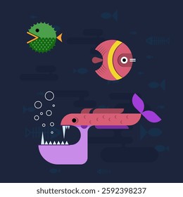 Brightly colored fish of various shapes swim in an artistic underwater world, surrounded by bubbles, demonstrating the diversity of ocean life. A playful and imaginative representation.