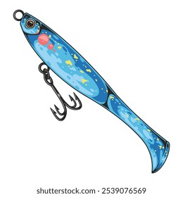 A brightly colored fishing lure with a shiny blue body and treble hook hangs ready for use in fishing. Ideal for attracting fish in fresh waters during daytime.