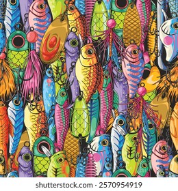 Brightly colored fishing lures fill the frame showcasing various designs and patterns. The assortment highlights a mix of textures and shades perfect for anglers.