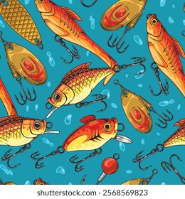 Brightly colored fishing lures and fish are scattered across a turquoise background. Various shapes and designs create an eye-catching and vibrant pattern perfect for fishing enthusiasts.