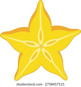 A brightly colored, five-pointed star fruit slice, showcasing its unique star shape and vibrant yellow hue. The fruit's interior structure is visible, adding to its visual appeal.