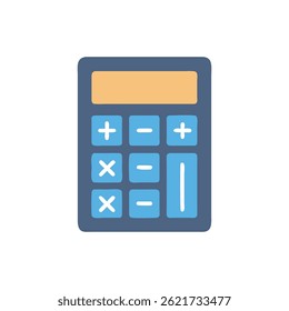 Uma calculadora de estilo cartoon plano de cores brilhantes com bordas arredondadas em um fundo preto, com símbolos matemáticos simples.