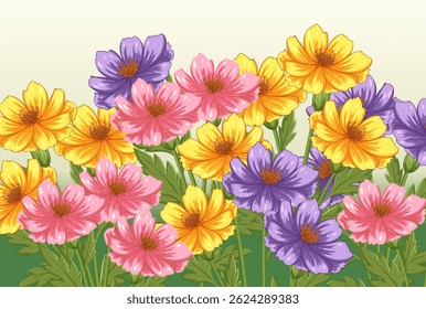 Brightly colored flowers in a vector style, featuring pink, yellow, and purple hues with detailed leaves and stems