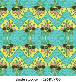 Brightly colored folk art style abstract vector repeat pattern arranged in symmetrical rows on vibrant yellow and aqua on a lace effect textured backdrop