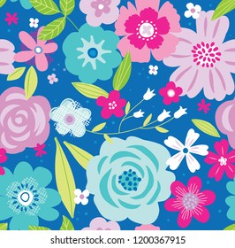 Brightly colored folk floral seamless vector pattern with pretty textures on a blue background. A modern twist on a traditional floral pattern.