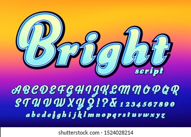 A brightly colored font with outline and shadow details on a vivid colored background; This bold brush script alphabet has strong chroma, presence, and a pop art quality.
