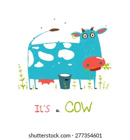 Brightly Colored Fun Cow and Milk for Kids. Blue and white funny cow near the bucket of milk. Vector EPS10.