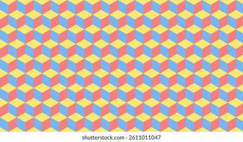A brightly colored geometric cube pattern with a touch of pastel. A clean and neat look that is suitable for digital designs, wallpapers, and modern-retro style decorative elements.
