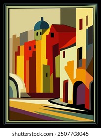 Brightly colored geometric shapes depict an abstract cityscape with tall buildings and a dome structure in the background. Bold lines and contrasting hues create a dynamic and vibrant composition.