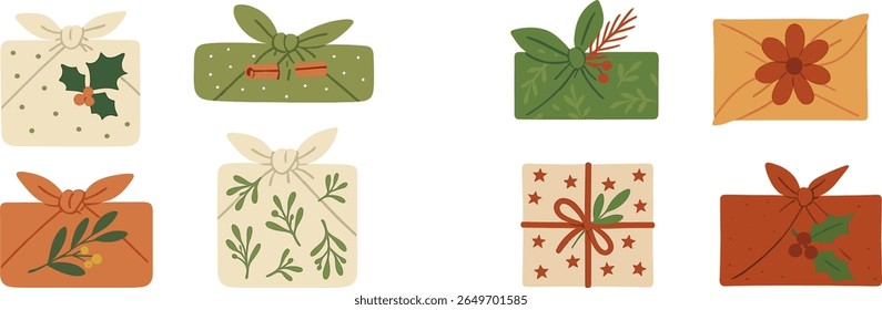 Brightly colored gift boxes featuring various designs such as holly, greenery, and floral patterns are arranged on a clean white background, making them ideal for festive occasions.