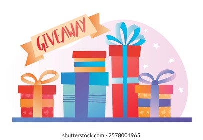 Brightly colored gift boxes with ribbons and bows, a Giveaway banner above, on a pink background with stars. Concept of celebration and gifting. Vector illustration