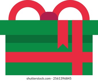 Brightly colored green Christmas gift box wrapped in a vibrant red ribbon and bow, symbolizing the joy and festive spirit of Christmas Eve celebrations