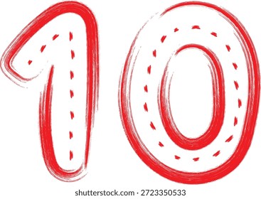 Mão brilhante desenhado numeral estilizado dez em negrito vermelho com linhas de traçado pontilhadas exibido proeminentemente