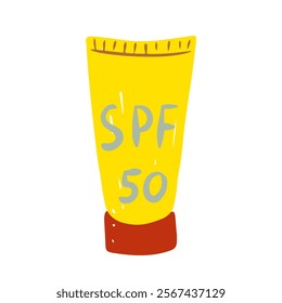 Brightly colored hand drawn sunscreen tube labeled with SPF 50 for sun protection outdoors vector illustration