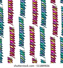 Brightly colored hand-drawn stripes, lines, etc. Vector seamless pattern.