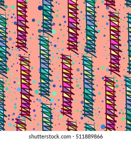 Brightly colored hand-drawn stripes, lines, etc. Vector seamless pattern.