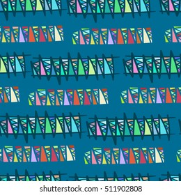 Brightly colored hand-drawn stripes, lines, etc. Vector seamless pattern.