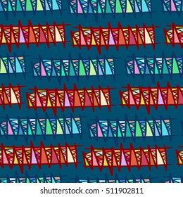Brightly colored hand-drawn stripes, lines, etc. Vector seamless pattern.
