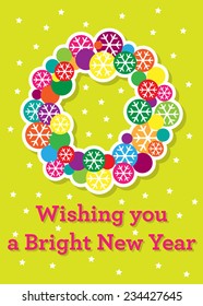 Brightly colored holiday wreath made up of colorful circles and snowflake icons