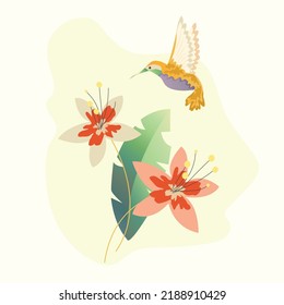 brightly colored hummingbird flying over delicate tropical milky flowers and a pink center with green leaves