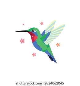 Brightly colored hummingbird vector illustration hovering gracefully in the air surrounded by small pink flowers.