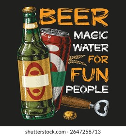 Brightly colored illustration featuring a beer bottle and can along with a bottle opener conveys a playful message about beer as a magical enjoyable drink for friendly gatherings.