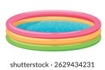 Brightly colored inflatable pool designed for children, featuring pink, yellow, and green rings and sparkling blue water. Perfect for summer days and outdoor activities.