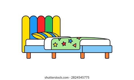 Brightly colored kids bed featuring striped pillow and green patterned blanket with stars for playful bedroom interior design.