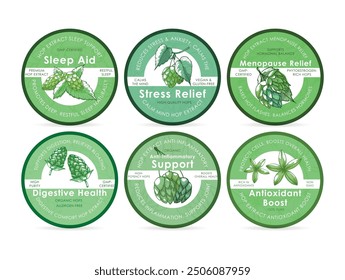 Brightly colored labels highlight different hops supplements aimed at stress relief, sleep aid, and digestive health benefits.