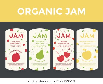 Brightly colored labels showcase organic jam varieties made from hand-harvested fruits, emphasizing natural ingredients and no added sugar.