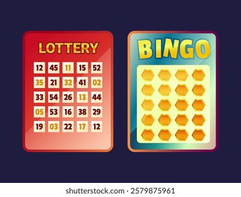Brightly colored lottery and bingo cards, featuring numbers and hexagonal patterns, isolated on a dark background. A fun vector illustration for gaming and prize projects.