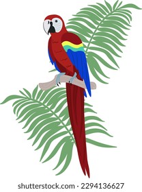 A brightly colored macaw with tropical leaves on its branch. Summer illustration in flat style