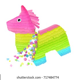 brightly colored Mexican broken donkey pinata with confetti and candies filler party game isolated on white background. vector illustration