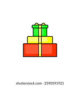 Brightly colored, neatly stacked gift boxes wrapped in vibrant green, yellow, and red shades, against a clean white background, symbolizing celebration, holidays, or festive giving occasions.