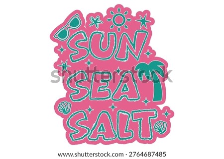 A brightly colored neon sign features tropical imagery like palm trees and flowers, combined with stylized text in pink and teal.
