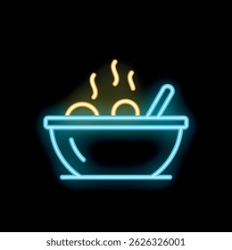 Brightly colored neon sign of a steaming bowl of soup with a spoon, perfect for a restaurant or cafe