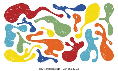 Brightly colored organic blobs in various shapes and sizes overlap and flow together, creating a lively abstract composition that emphasizes irregular forms and textures.