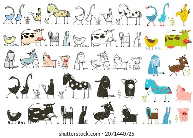 Colores brillantes y delineado Colección de Animales Domésticos Fun Cartoon para Niños. Divertidos Animales simples para colorear páginas. Ilustración dibujada a mano por vectores.