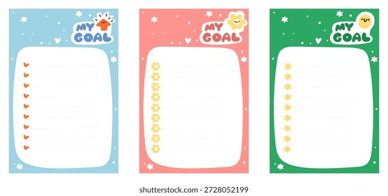 Brightly colored pages for childrens planner. Schedule organizer or goals checklist. Tasks list for notes. School stationery. Diary template. Office notebook. Memo reminder. Lines sheets vector set