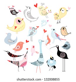 brightly colored painted different birds on white background