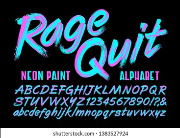 A brightly colored painted script alphabet in neon magenta and teal hues. This font has an edgy vibe that is reminiscent of 1980s graphics.