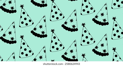 Brightly colored party hats scattered on a mint green background provide a festive atmosphere