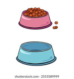 Brightly colored pet food bowls featuring kibble along with an empty bowl for convenience.Vector illustration. Pet shop