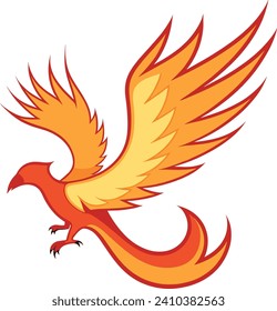 Brightly colored phoenix in flight with wings spread. Mythical fire bird soaring with elegance. Mystical creature symbolizing rebirth vector illustration.