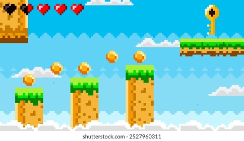 Fundo do céu pixelado de cores brilhantes com nuvens plataformas moedas e uma chave. Ideal para jogos de vídeo retro nostalgia arte digital pixel arte design aventura jogos. Apresenta nuvens corações e um azul