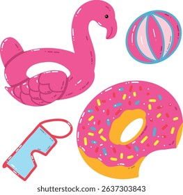 Brightly Colored Pool Floats and Beach Accessories Illustration. A vibrant collection of colorful beach and pool essential items in a playful illustration, including a flamingo float, donut ring